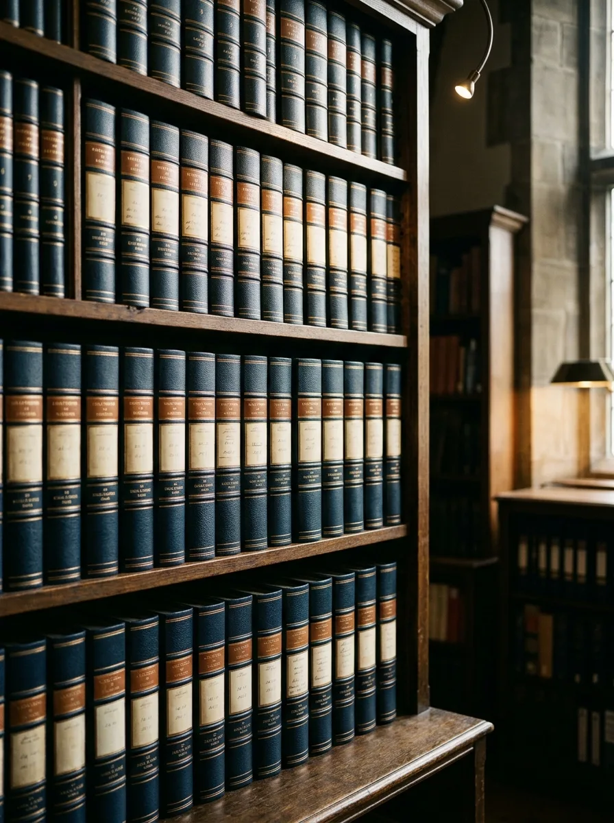 Archivadores encuadernados en azul noche con lomos dorados, alineados en una estantería de archivo clásica